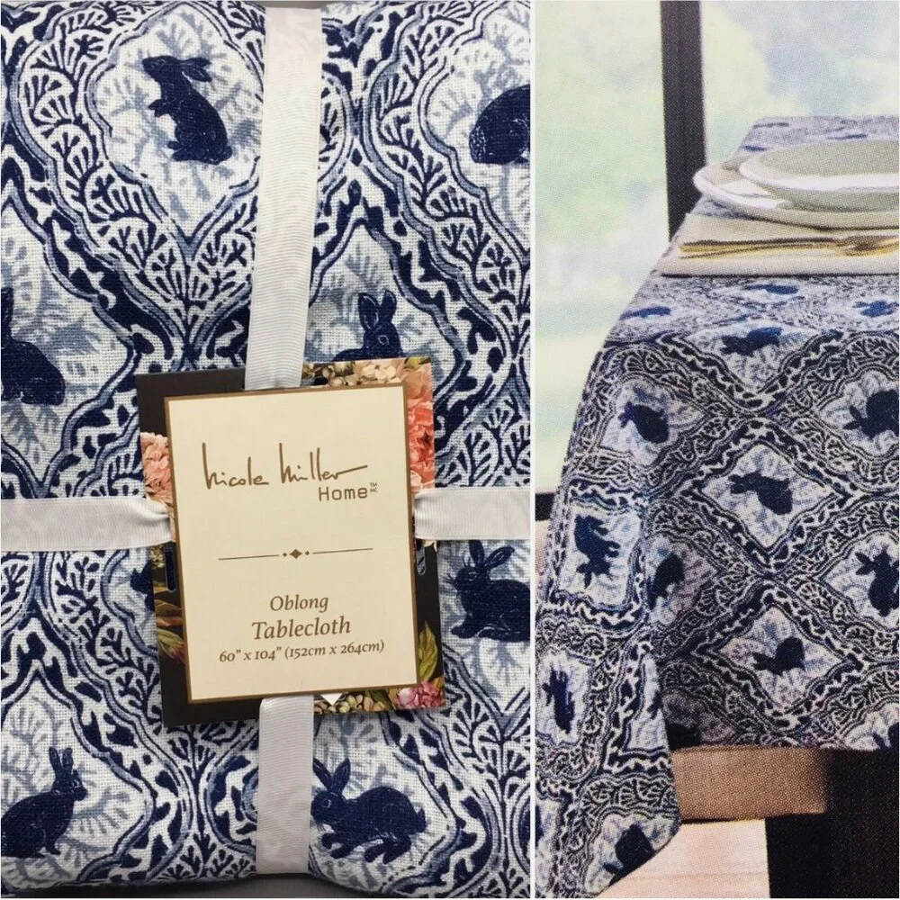 Nicole Miller Easter Bunny Tablecloth 60x104 Blue White Farmhouse Country Spring